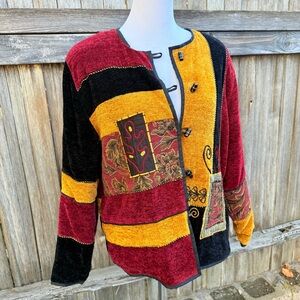 Vintage Allure Maroon Gold Tapestry Patchwork Embroidered Velour Cardigan Small